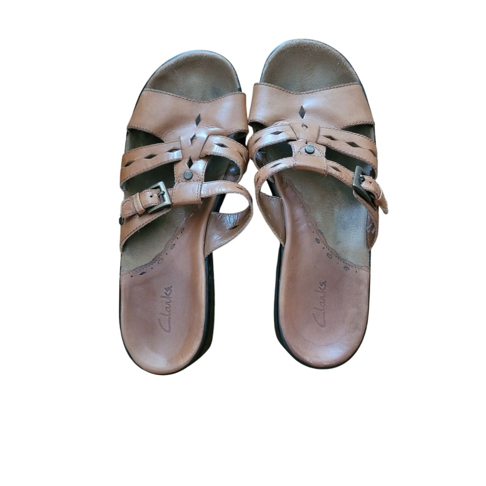 Clarks Tan Leather Slide Sandals Womens Strappy Comfort‎ Wedge Buckle Detail
